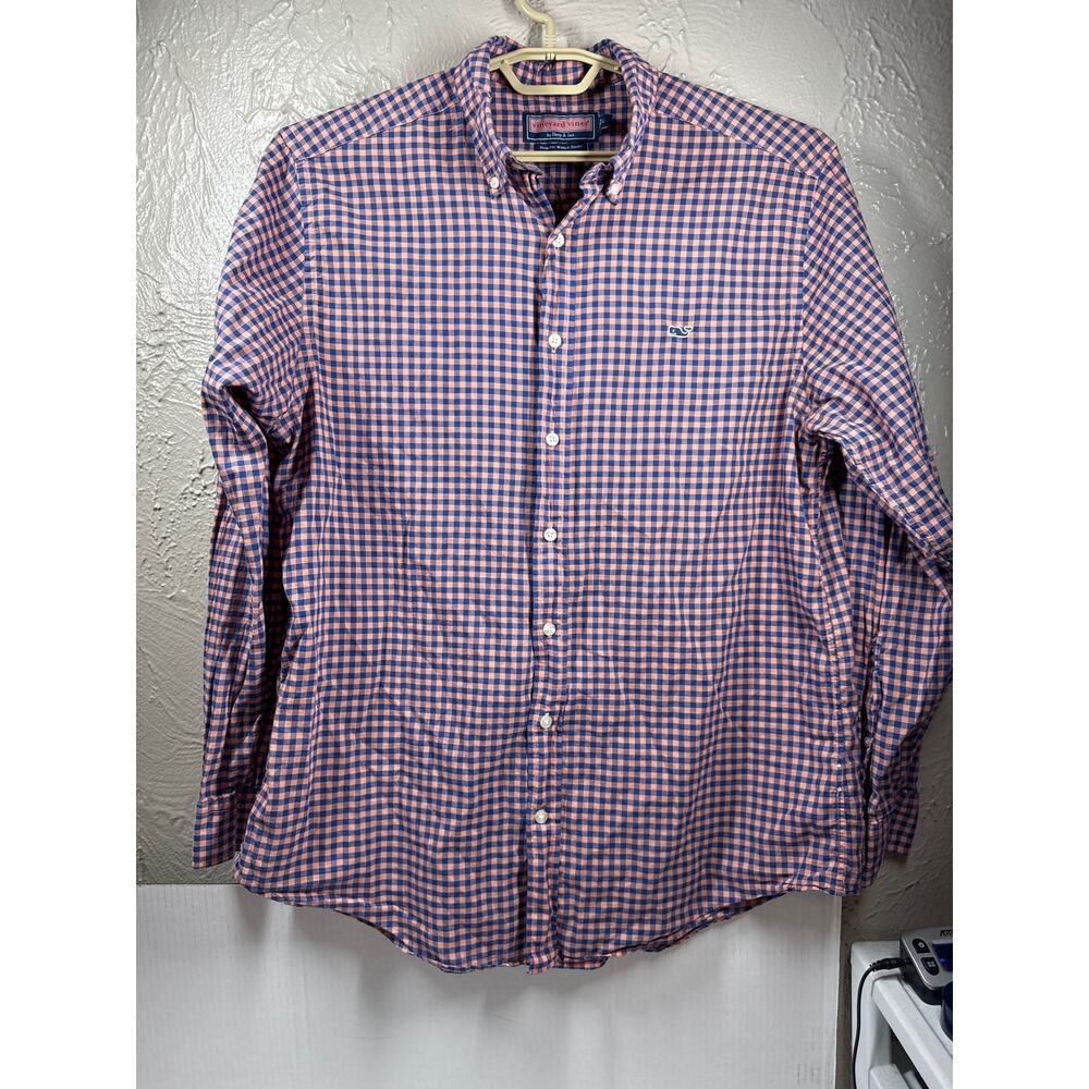 Vineyard Vines Slim Fit Whale Shirt Mens Button Down Plaid Blue Pink Size Large